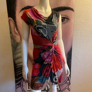 Desigual Red & Black Floral Twist-Front Mini Dress